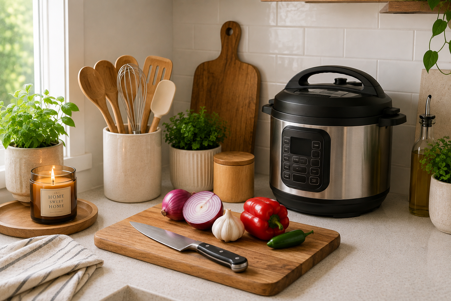 Practical kitchen essentials and appliances on a countertop.