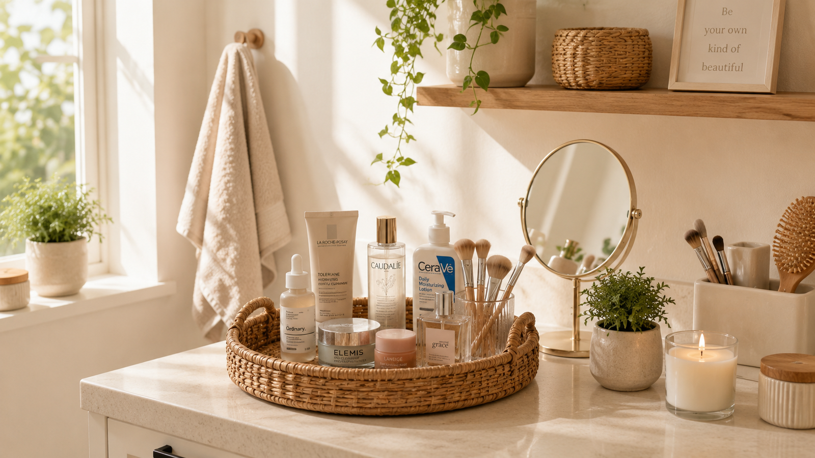 Skincare and beauty essentials arranged in a bathroom.