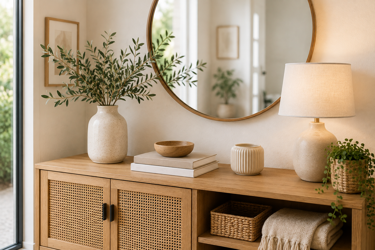 Cozy home entryway decor with console table, mirror and plants.