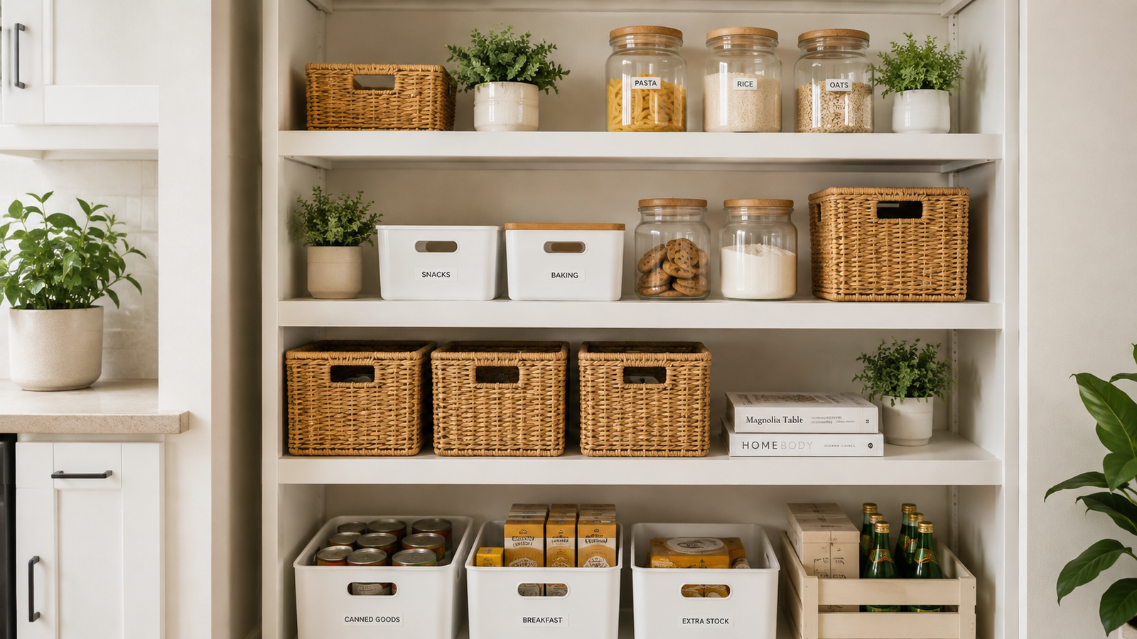 Organized home storage shelves with baskets and containers.