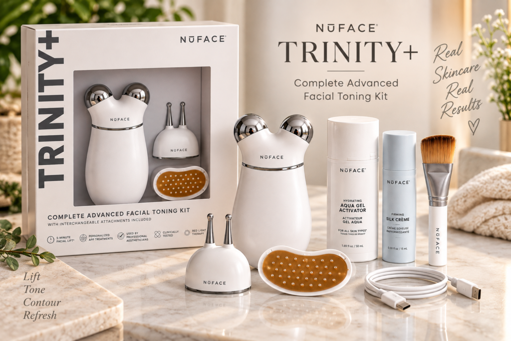 NuFACE Trinity+ Complete kit with device, attachments, skincare products, brush and USB-C charging cable